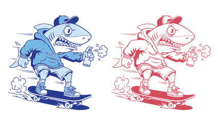 shark in hoodie skateboarding mid-jump, holding spray paint can, street art cartoon style illustration.