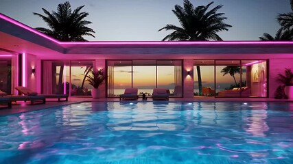 Modern Villa Exterior with Blue Swimming Pool Pink Lights and Sea View at Dusk