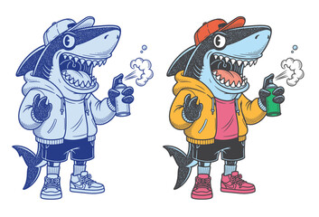 Cartoon shark in streetwear spraying graffiti paint, wearing hoodie, sneakers, and cap, urban hip-hop style illustration.mix 20