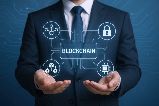 Blockchain Technology Concept: Businessman Presenting a Digital Future of Decentralized and Secure Transactions