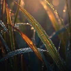 Close-up of dew-covered grass blades at sunrise, soft morning light, photoreal macro shot 