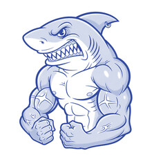 muscular shark mascot illustration with clenched fists, comic cartoon, aggressive expression, and bold cartoon style.