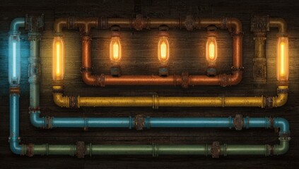 Industrial-style light fixture with pipes and warm incandescent lights