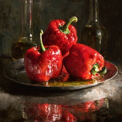 Red bell peppers dropped into a shallow pool of olive oil, shiny wet surface reflections, warm kitchen lighting, rustic still life 