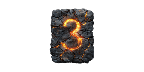 Cracked Lava Number Three Stone Texture. Fiery Elemental Design Concept Isolated On Transparent Background