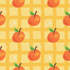 Cute seamless pattern of hand-drawn oranges on a yellow checkered background, perfect for fabric, wallpaper, and wrapping paper designs.