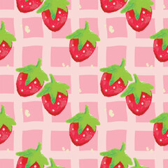 Fun seamless pattern of hand-drawn strawberries on a pink checkered background, ideal for fabric, wallpaper, and wrapping paper designs.