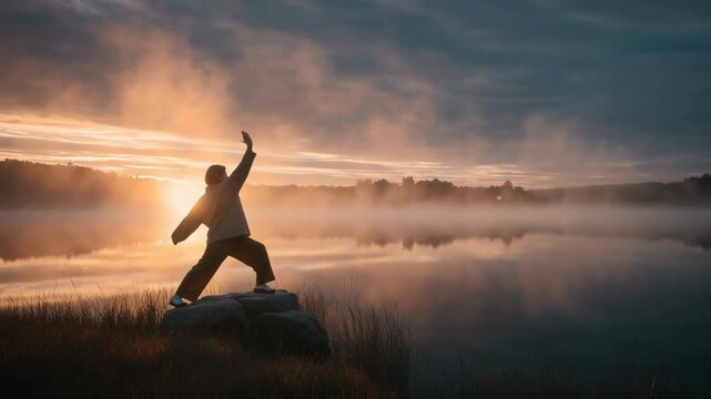 Person practicing tai chi on a rock by a calm lake at sunrise, surrounded by mist and peaceful nature.