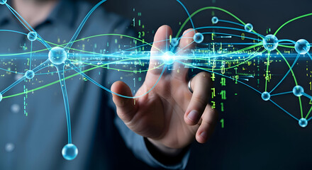 Data Analysis: Man Interacting with Digital Network