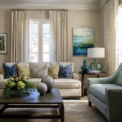 transitional living room, neutral base with patterned drapery, green-blue accessories and balanced symmetry 