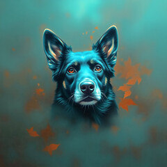 Fototapeta premium german shepherd Dog mystical Dog Portrait with Autumn Leaves, Mystical Digital Painting of a Black Dog with Amber Eyes and Falling Autumn Leaves in a Dreamy Teal Atmosphere,Hyper-Realistic Black Dog 