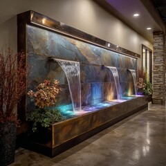 contemporary indoor wall-mounted artificial fountain, slate stone panel with cascading water, integrated LED lights changing color, surrounded by modern dÃ©cor and dried floral accents, spa-like atmos