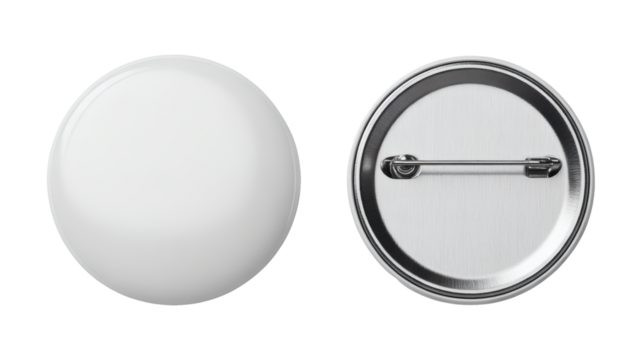 Glossy white round badge and its pin backing for customization and branding