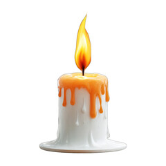 Single, cylindrical candle with orange wax drip.  Burning flame