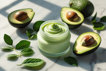 Elegant glass cosmetic jar with rich creamy avocado deep nourishing cream, surrounded by fresh avocado halves and leaves