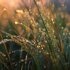 Close-up of dew-covered grass blades at sunrise, soft morning light, photoreal macro shot 