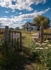 Naklejka premium An old weathered house sits behind a rustic wooden gate, a 