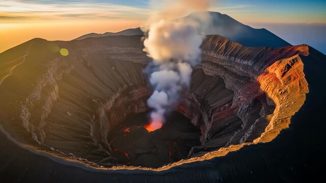 Majestic Volcano Eruption Aerial View of Fiery Crater at Sunrise