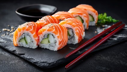 Salmon sushi rolls on slate plate, with chopsticks and soy sauce