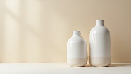 Two ceramic bottles of varying sizes against a beige backdrop.