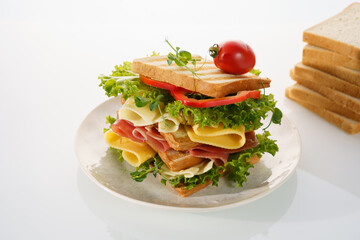Layered sandwich with fresh vegetables, meats, and cheese served on a plate against a white background