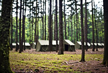 Portrait of a military camp hiding in a forest with copy space