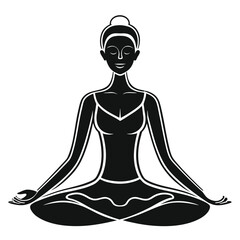 Serene Black and White Silhouette of Woman Meditating in Lotus Position, Peaceful Mindful Yoga Pose, Spiritual Wellness Concept,  Inner Peace Illustration,  Relaxation and Tranquility Image.