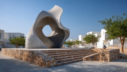 Abstract concrete sculpture on stone steps, modern architecture backdrop