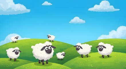 Obraz premium Cartoon sheep graze on green hills under a blue sky with fluffy white clouds