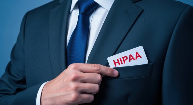 HIPAA Compliance: Business Professional Holding Card in Suit Pocket Promoting Healthcare Privacy and Security