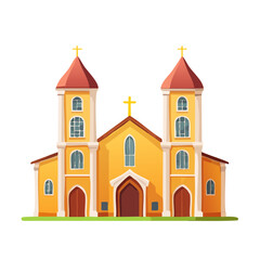 Cartoon Catholic church building with red roof, tall towers, and golden cross on black background, isolated vector illustration.