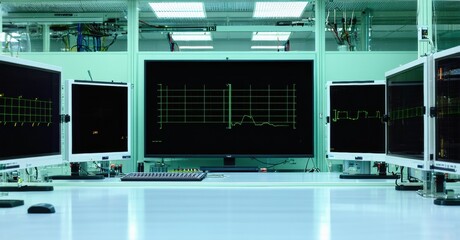 Data center interior. Rows monitors display complex graphs. Clean room environment, modern technology visible. Bright lighting illuminates equipment.