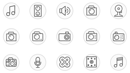 Illustration of music note speaker volume camera webcam microphone and other multimedia icons in circles silhouette
