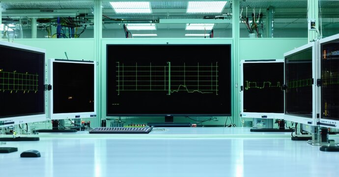 Data center interior. Rows monitors display complex graphs. Clean room environment, modern technology visible. Bright lighting illuminates equipment.