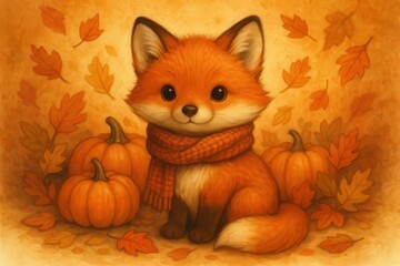 Fototapeta premium Cute Fox with Scarf Surrounded by Pumpkins and Leaves — Warm Tones