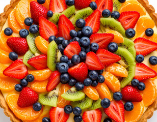 Obraz premium Delicious Fruit Tart: Strawberries, Blueberries, Kiwi, and Oranges on Pastry Crust