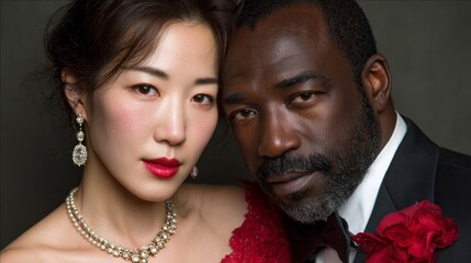 Portrait of multi-ethnic business couple showcasing elegance and partnership in a stylish setting with luxurious attire and refined accessories