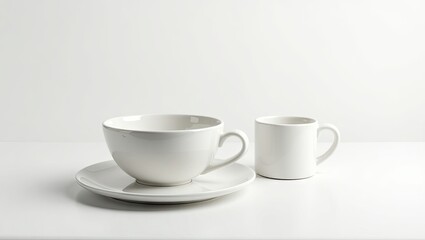 Two white ceramic coffee cups on a white surface.