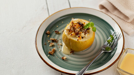 Baked lemon stuffed with creamy filling and nuts served on a decorative plate during a cozy dining experience