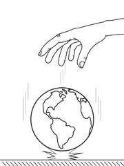 Hand dropping globe on white background, bounce, gravity test. Object falling down. Newton idea universal law. School, education lesson experiment. Weight and mass. Inertia, motion. Physics