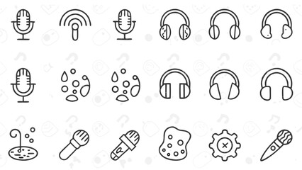 Illustration featuring microphones, headphones, water droplets, and a gear in a line art style silhouette
