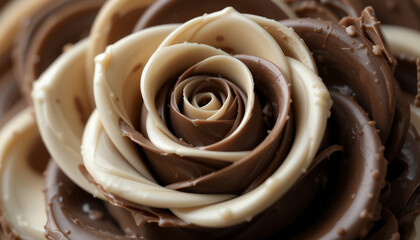 Gourmet chocolate rose with brown and white swirls in an elegant macro photo for dessert lovers