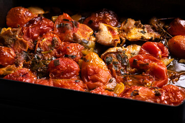 Oven-roasted tomatoes and vegetables create a flavorful dish ready to be served at a family gathering