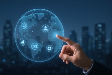 Digital Global Connection: Hand Interacting with Holographic World Map Interface, Data Visualization on Cityscape Background