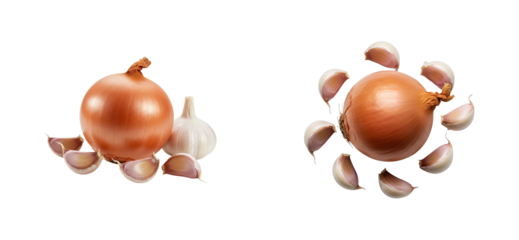Cooking essentials onion and garlic ingredients kitchen food clean culinary art. Cut out PNG set