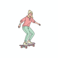 Young blonde woman in pastel casual wear including a pink hoodie and beanie riding a skateboard.