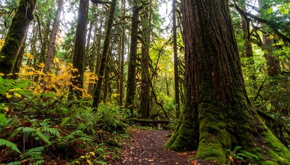 Obraz premium Lush, mossy forest path winds through towering trees with autumnal foliage