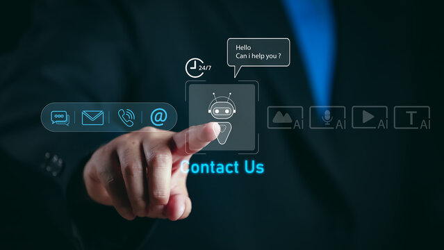 AI chatbot support and 24/7 virtual assistant concept with futuristic contact icons, representing customer service automation, online helpdesk, live chat support, and digital communication tools.