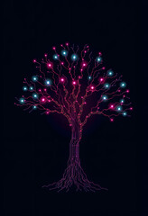 neural network tree, learning artificial intelligence in dark background, pixel art, with white tones