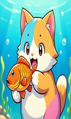 Fototapeta premium Tricolor cat catches fish